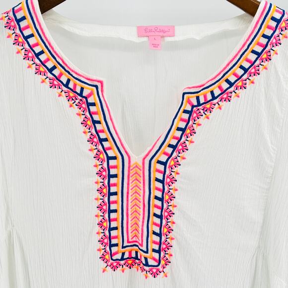 Lilly Pulitzer White Crinkle Cotton Neon Embroidered Boho Tunic Blouse - Picture 2 of 8